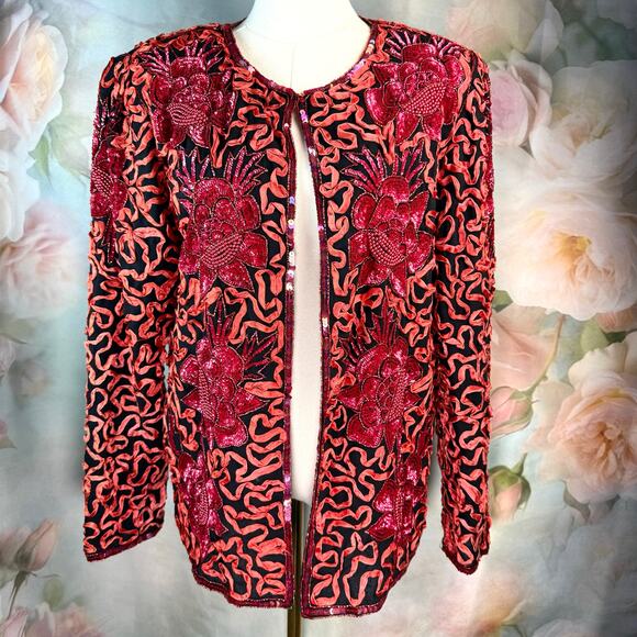 Vintage Aries On Knob Hill 100% Pure Silk Floral Sequin Beaded Abstract Jacket